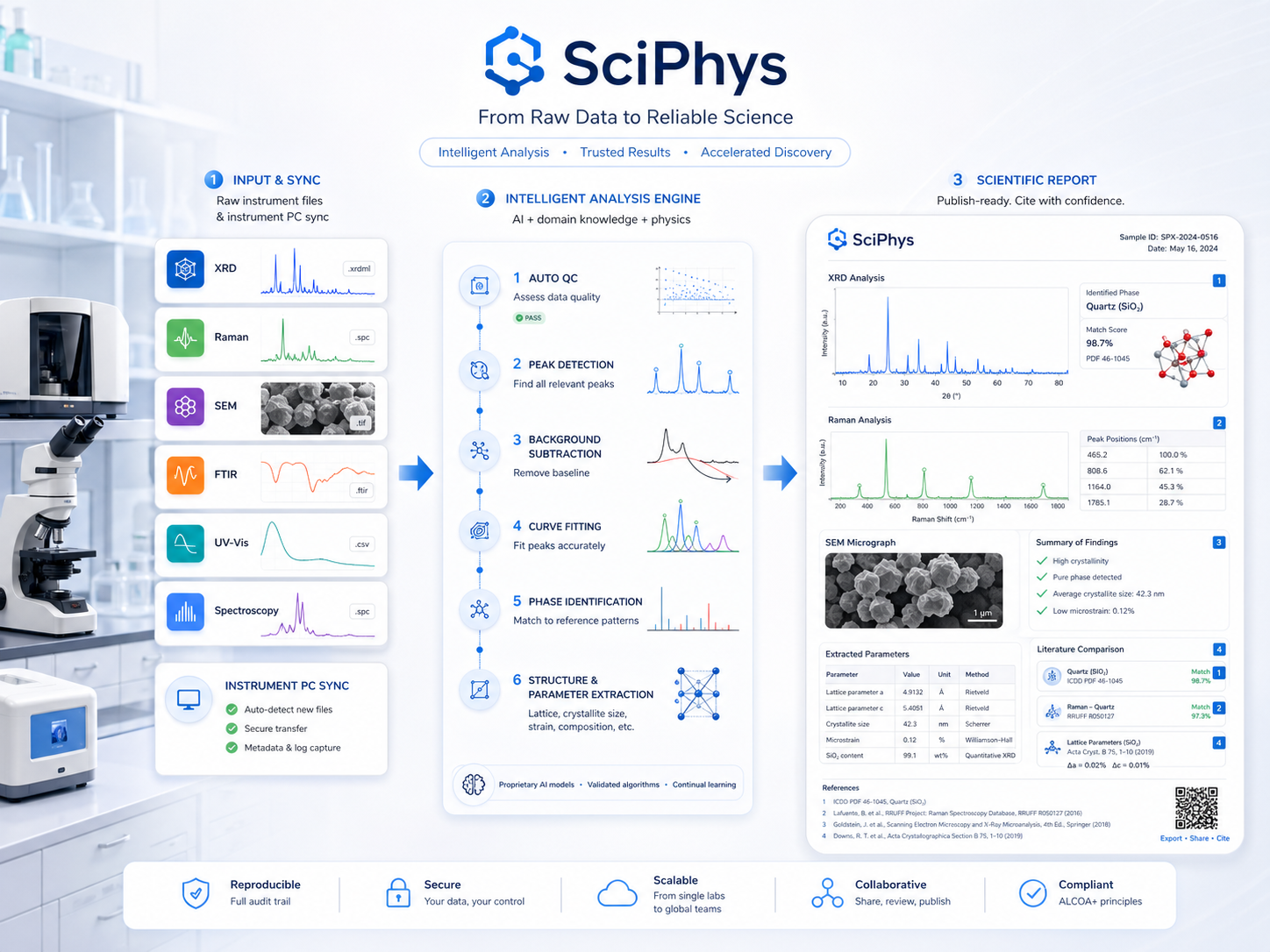 SciPhys end-to-end pipeline overview — raw instrument files (XRD, Raman, SEM, FTIR, UV-Vis, spectroscopy) sync into the Intelligent Analysis Engine and out as a publication-ready scientific report