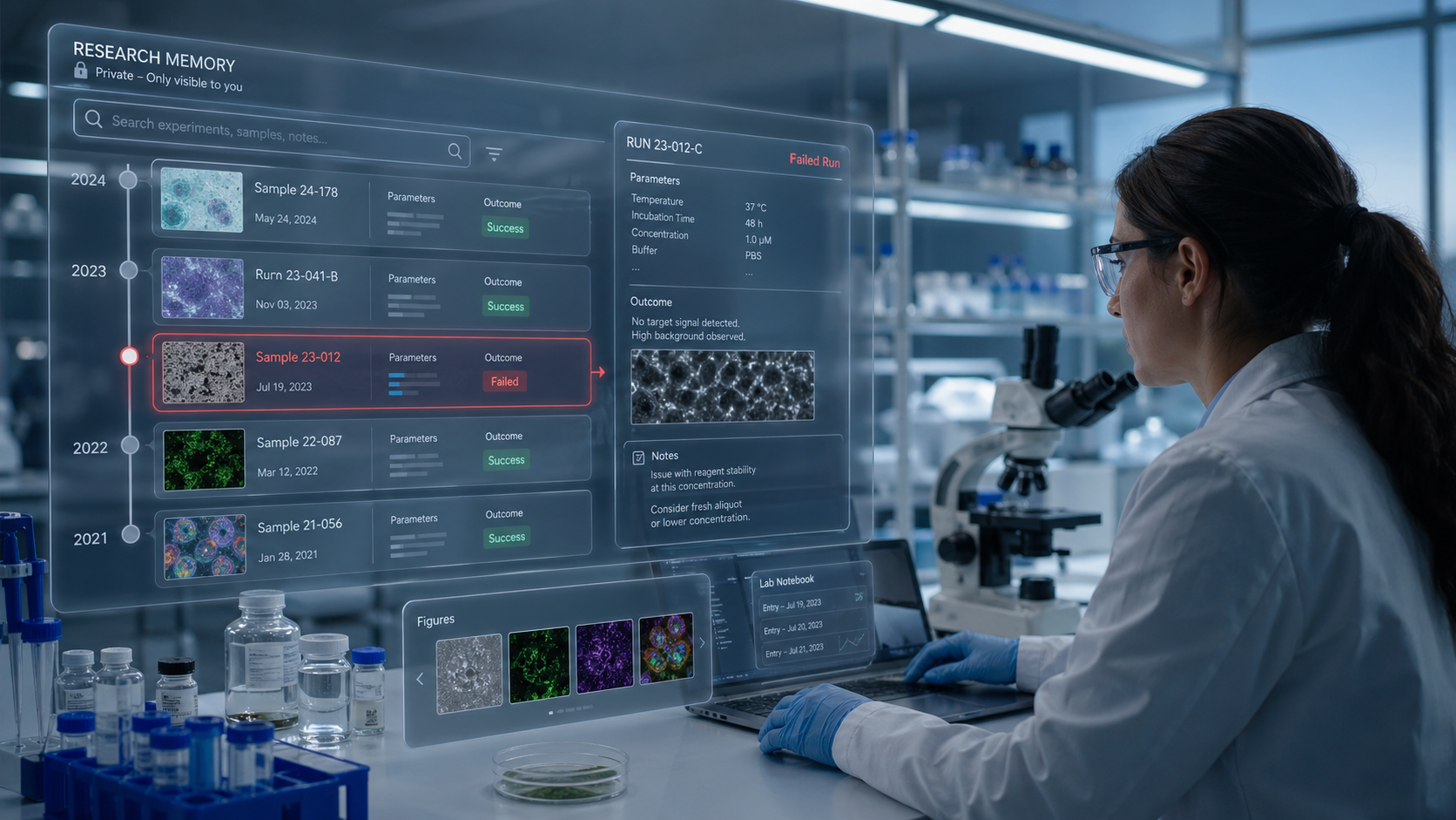 Researcher reviewing the SciPhys Research Memory workspace — sample timeline, run details and lab notebook entries — beside a microscope